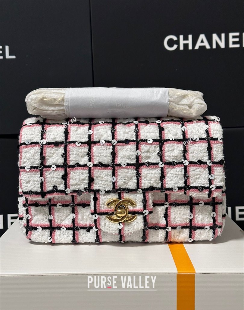 Chanel Check Tweed Classic Mini Flap Bag with Sequins A69900 White/Pink/Black 2025 (yezi-250113007)