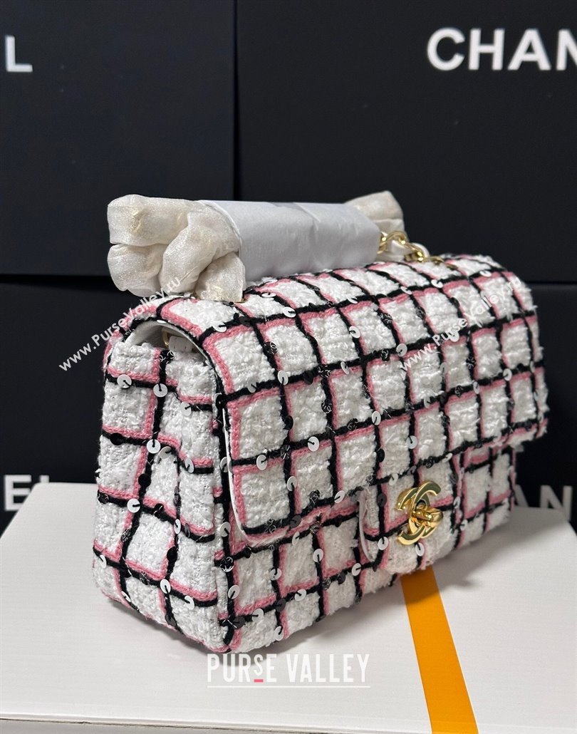 Chanel Check Tweed Classic Mini Flap Bag with Sequins A69900 White/Pink/Black 2025 (yezi-250113007)