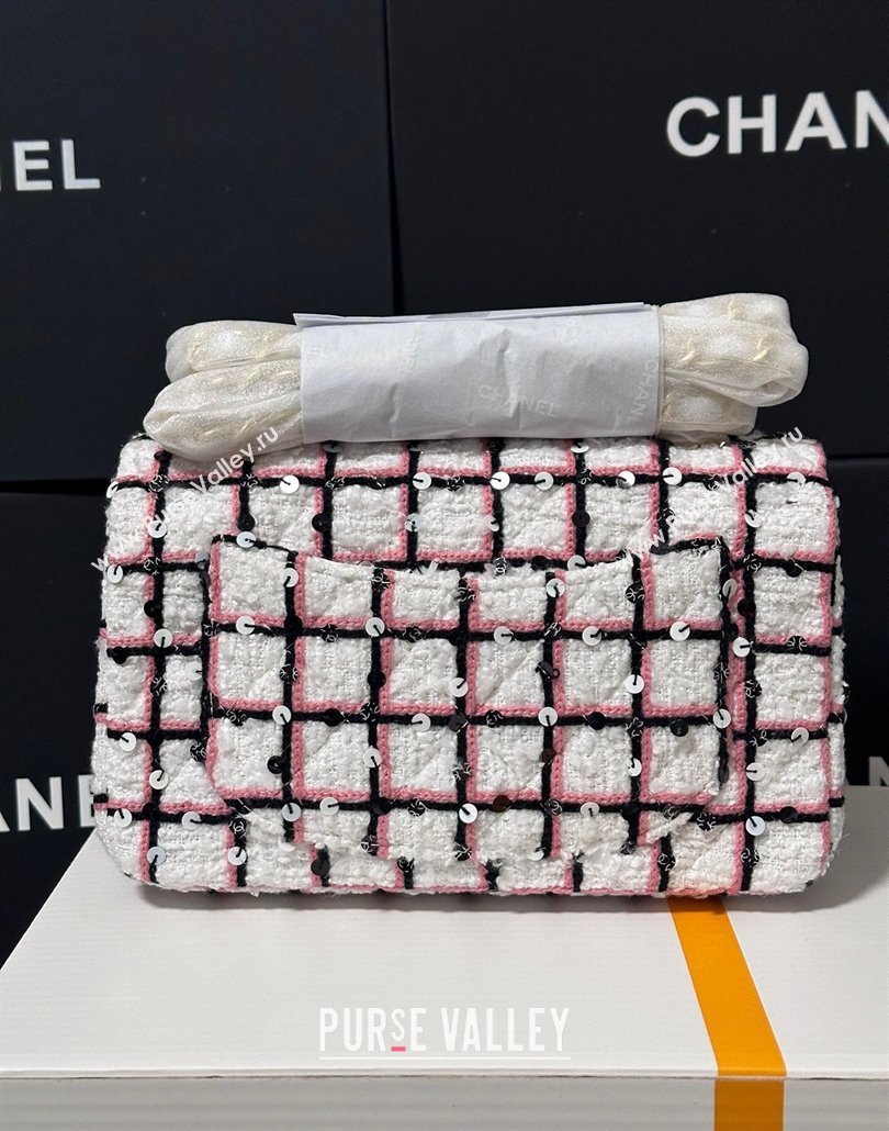 Chanel Check Tweed Classic Mini Flap Bag with Sequins A69900 White/Pink/Black 2025 (yezi-250113007)