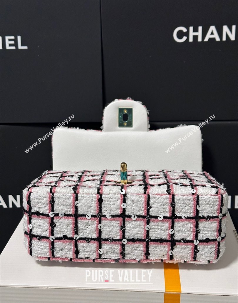 Chanel Check Tweed Classic Mini Flap Bag with Sequins A69900 White/Pink/Black 2025 (yezi-250113007)