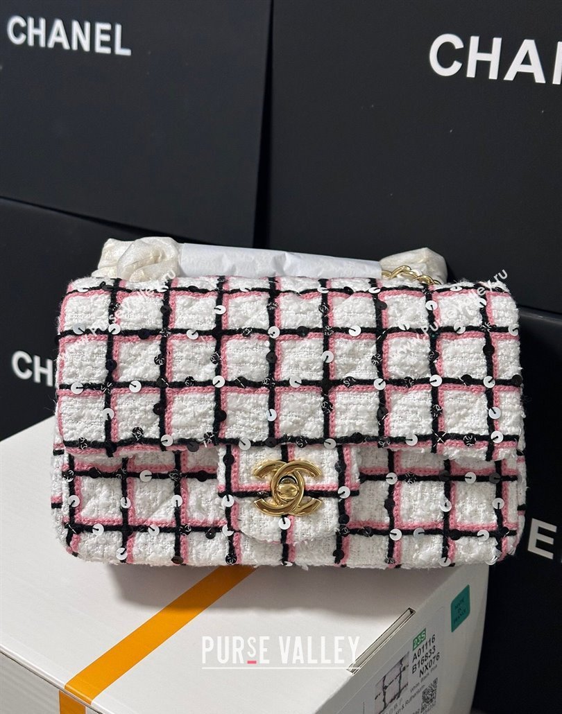 Chanel Check Tweed Classic Mini Flap Bag with Sequins A69900 White/Pink/Black 2025 (yezi-250113007)