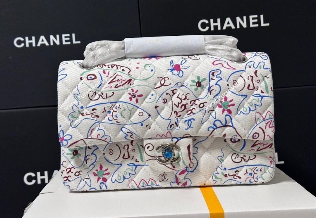 Chanel Flying Fish Print Fabric Classic 11.12 Medium Flap Bag A01112 White 2025 (yezi-250113009)