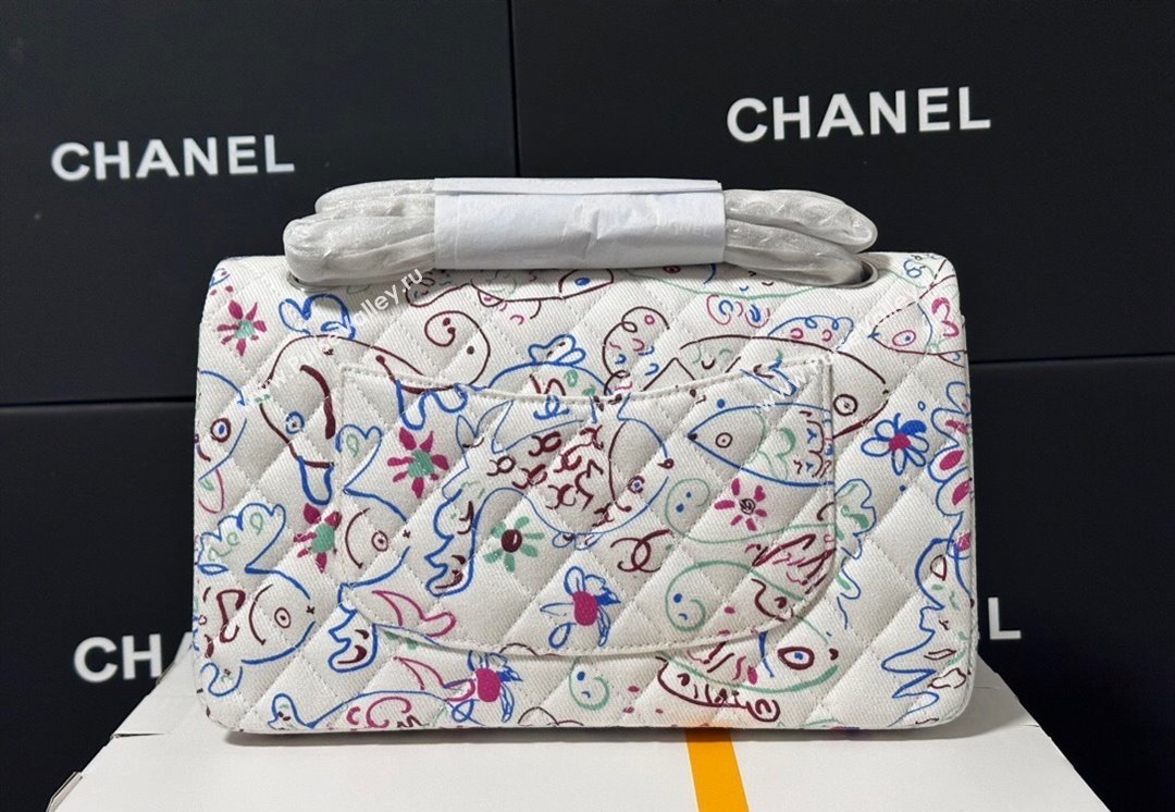 Chanel Flying Fish Print Fabric Classic 11.12 Medium Flap Bag A01112 White 2025 (yezi-250113009)
