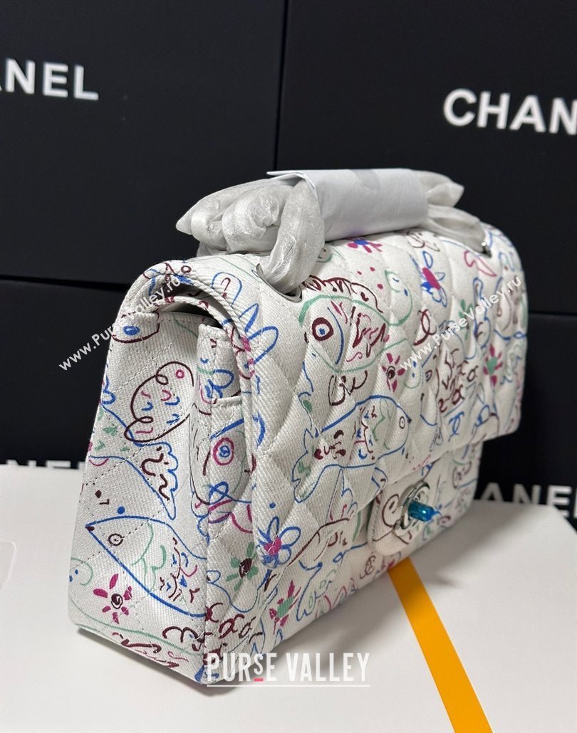 Chanel Flying Fish Print Fabric Classic 11.12 Medium Flap Bag A01112 White 2025 (yezi-250113009)