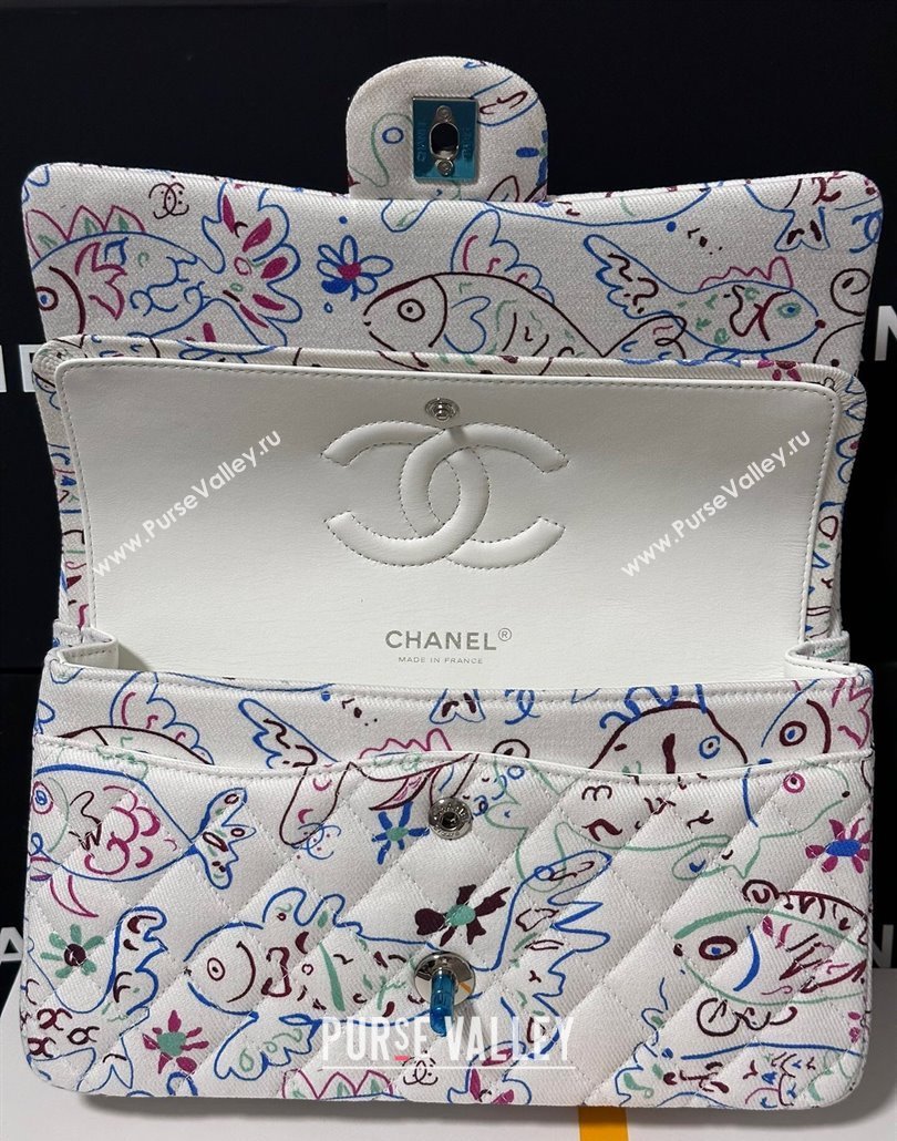 Chanel Flying Fish Print Fabric Classic 11.12 Medium Flap Bag A01112 White 2025 (yezi-250113009)