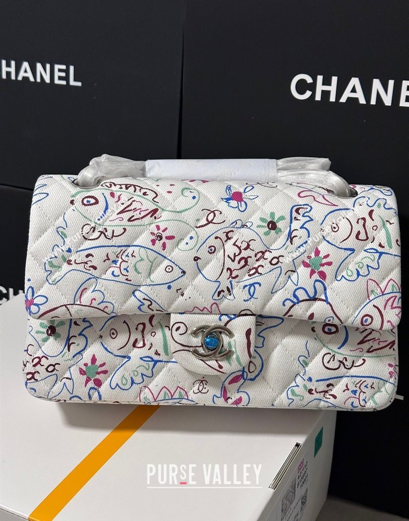 Chanel Flying Fish Print Fabric Classic 11.12 Medium Flap Bag A01112 White 2025 (yezi-250113009)