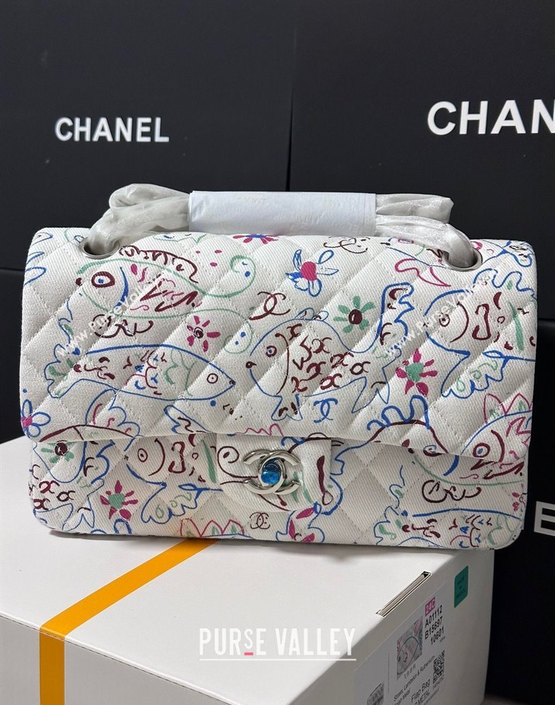Chanel Flying Fish Print Fabric Classic 11.12 Medium Flap Bag A01112 White 2025 (yezi-250113009)
