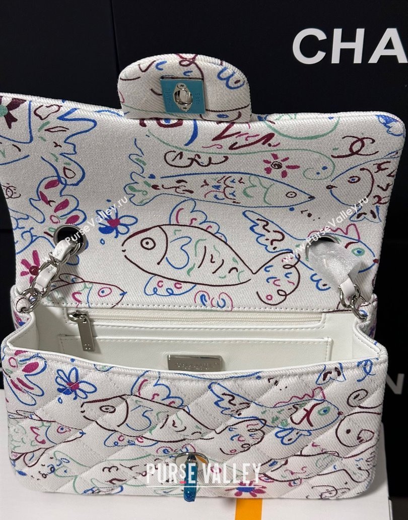 Chanel Flying Fish Print Fabric Classic Mini Flap Bag A69900 White 2025 (yezi-250113010)
