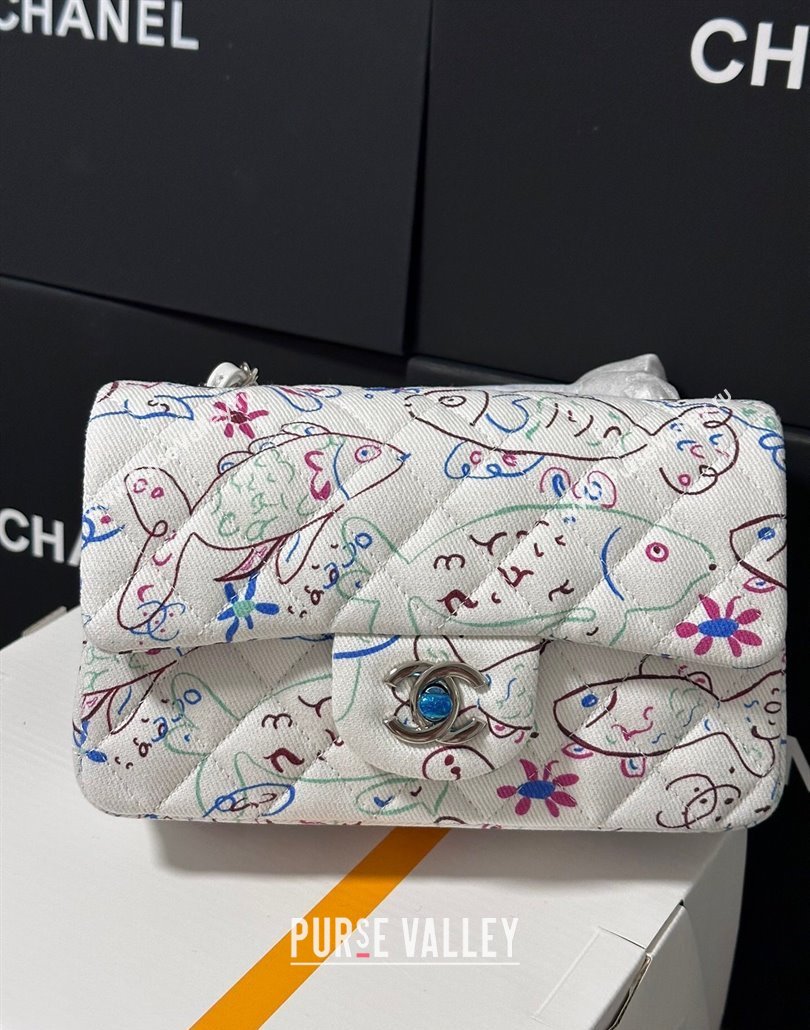 Chanel Flying Fish Print Fabric Classic Mini Flap Bag A69900 White 2025 (yezi-250113010)