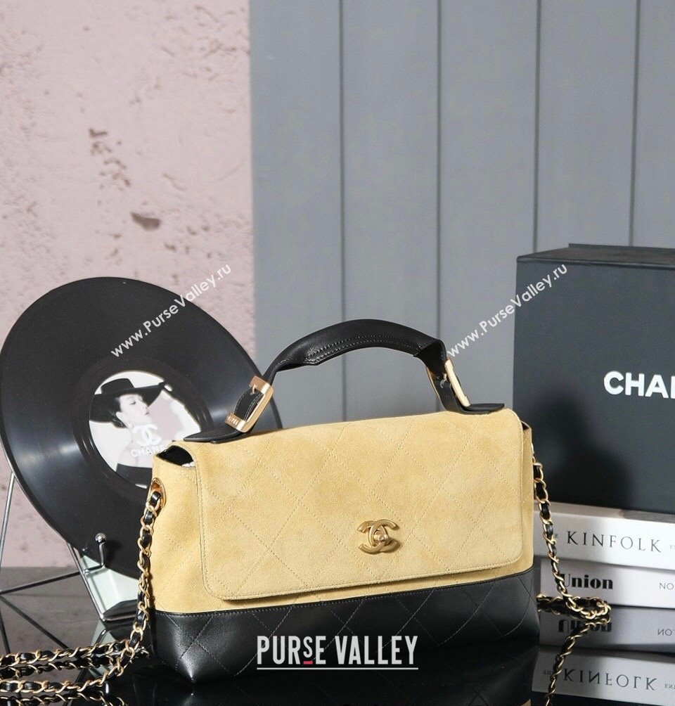 Chanel Quilted Suede and Calfskin Flap Bag with Top Handle Yellow/Black 2025 (yezi-250113036)