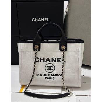 Chanel Deauville Cotton Calfskin Medium Shopping Bag White/Black 2025 0113 (yezi-250113038)