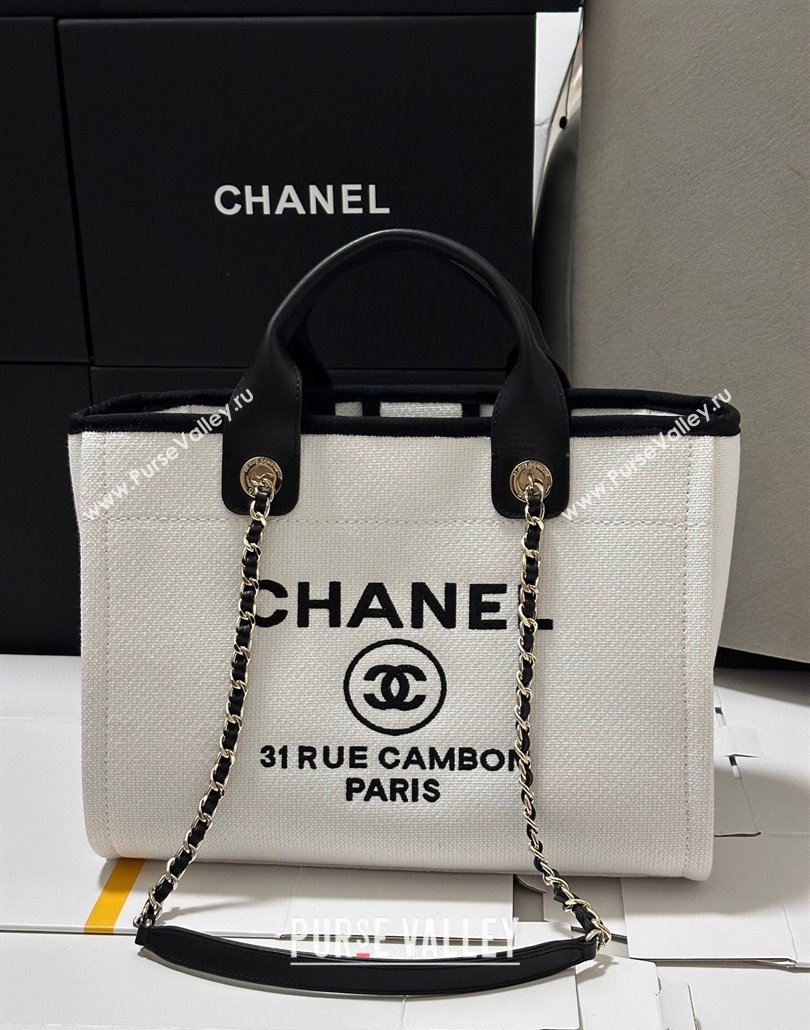 Chanel Deauville Cotton Calfskin Medium Shopping Bag White/Black 2025 0113 (yezi-250113038)