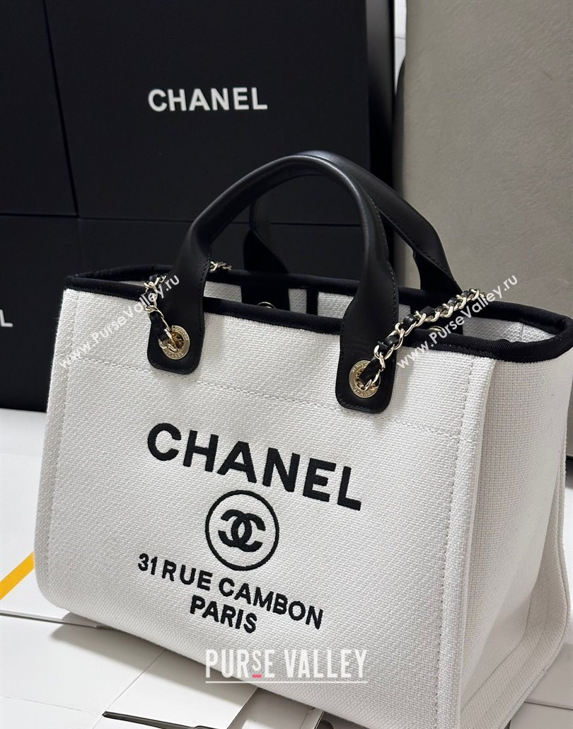 Chanel Deauville Cotton Calfskin Medium Shopping Bag White/Black 2025 0113 (yezi-250113038)
