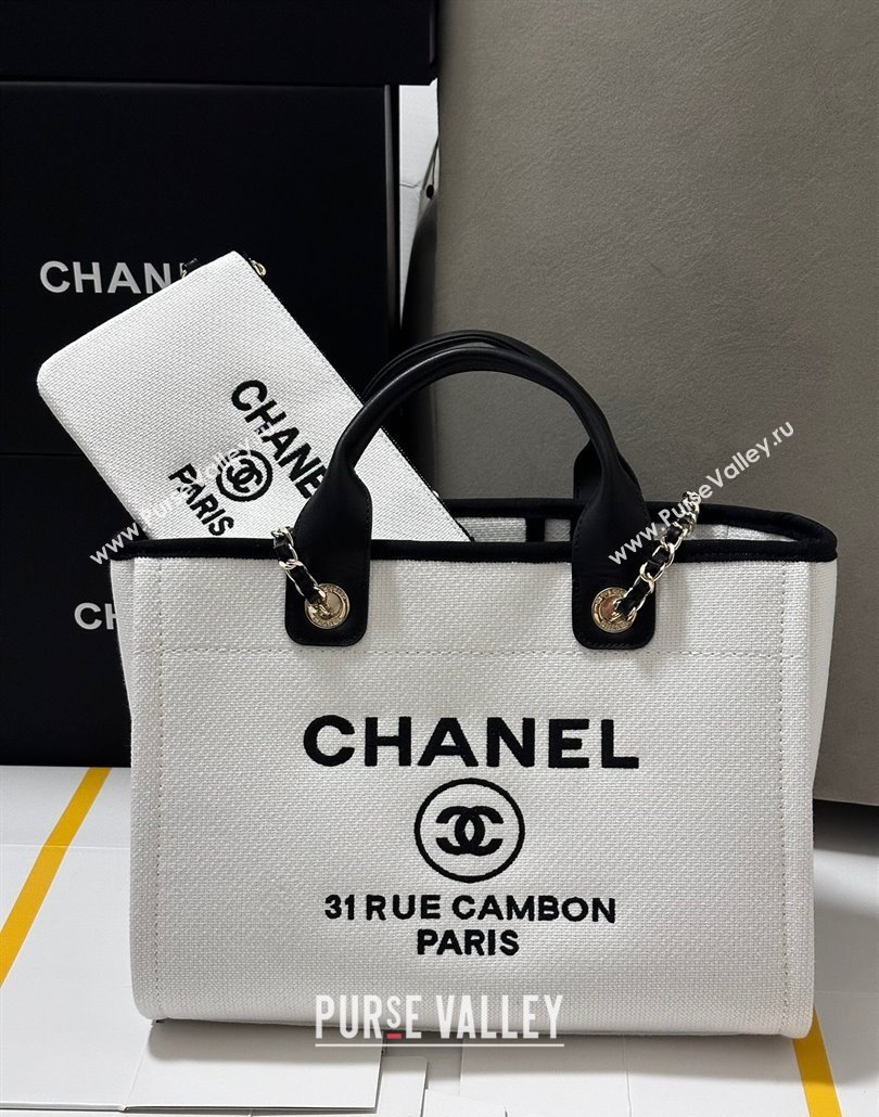 Chanel Deauville Cotton Calfskin Medium Shopping Bag White/Black 2025 0113 (yezi-250113038)