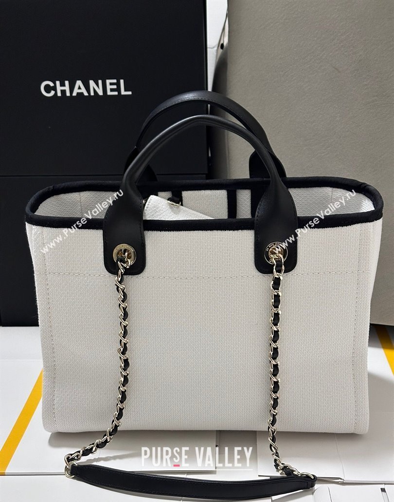 Chanel Deauville Cotton Calfskin Medium Shopping Bag White/Black 2025 0113 (yezi-250113038)