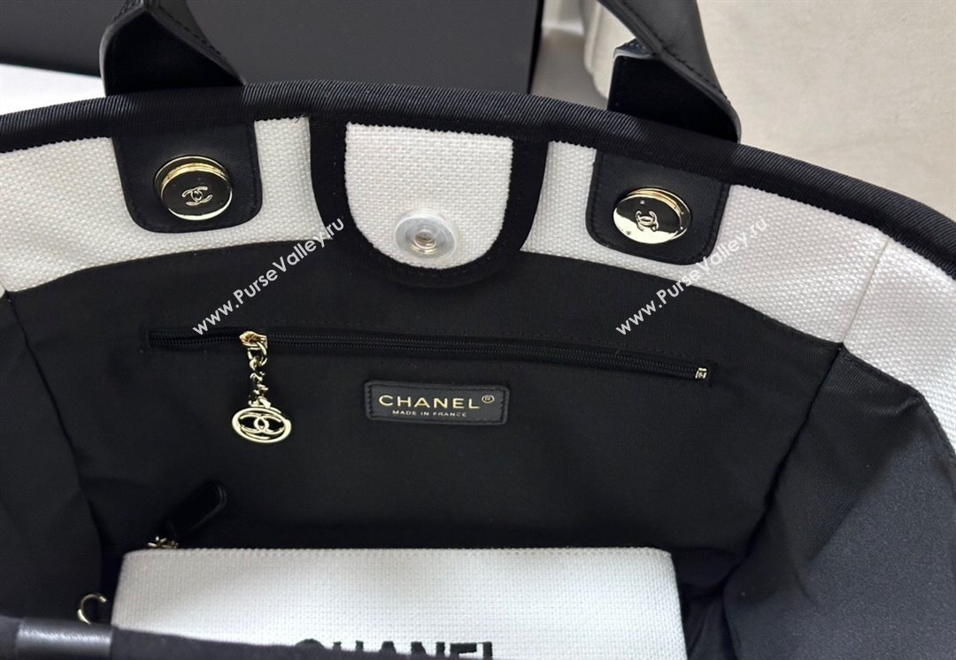 Chanel Deauville Cotton Calfskin Medium Shopping Bag White/Black 2025 0113 (yezi-250113038)
