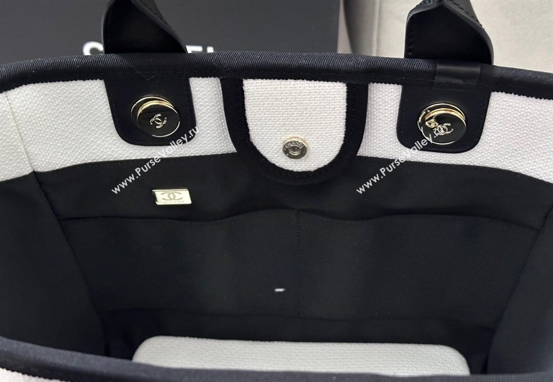 Chanel Deauville Cotton Calfskin Medium Shopping Bag White/Black 2025 0113 (yezi-250113038)