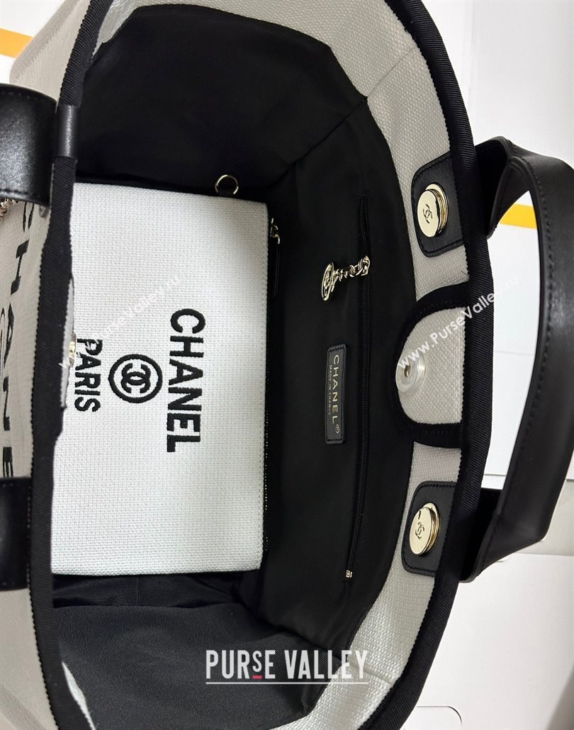 Chanel Deauville Cotton Calfskin Medium Shopping Bag White/Black 2025 0113 (yezi-250113038)