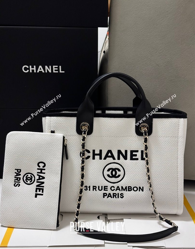 Chanel Deauville Cotton Calfskin Medium Shopping Bag White/Black 2025 0113 (yezi-250113038)