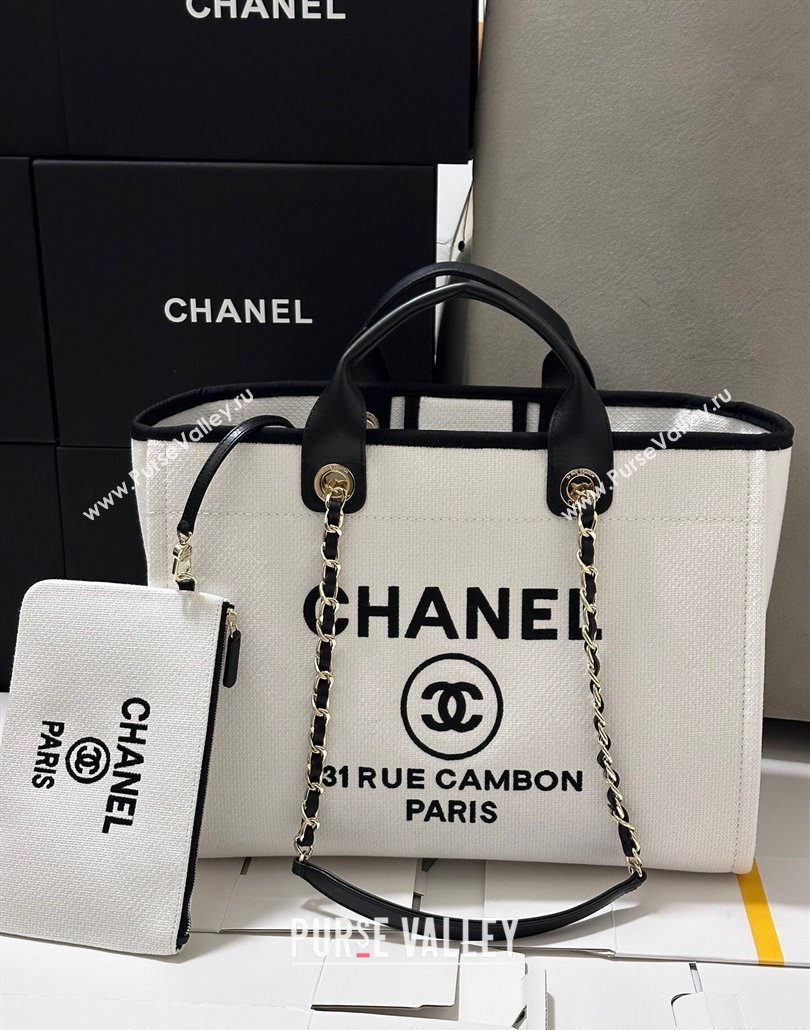 Chanel Deauville Cotton Calfskin Large Shopping Bag White/Black 2025 0113 (yezi-250113039)