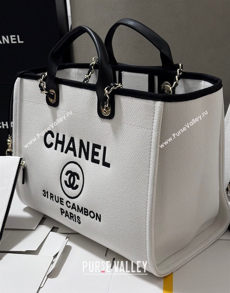 Chanel Deauville Cotton Calfskin Large Shopping Bag White/Black 2025 0113 (yezi-250113039)