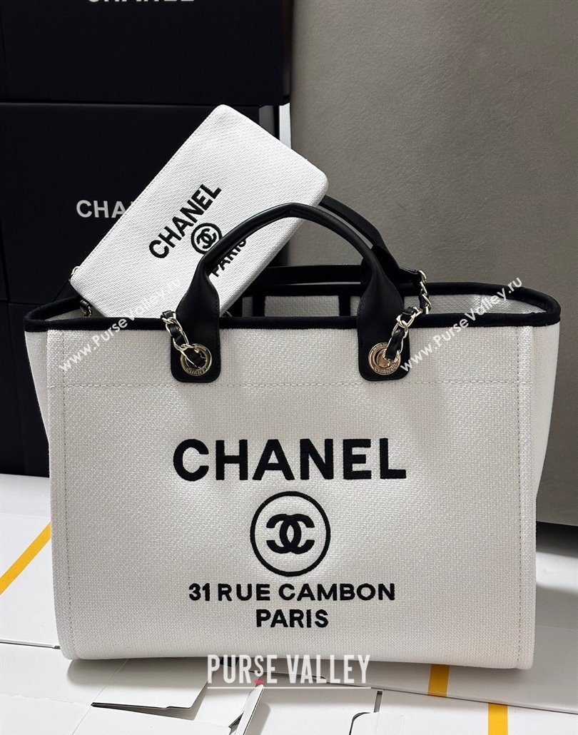 Chanel Deauville Cotton Calfskin Large Shopping Bag White/Black 2025 0113 (yezi-250113039)