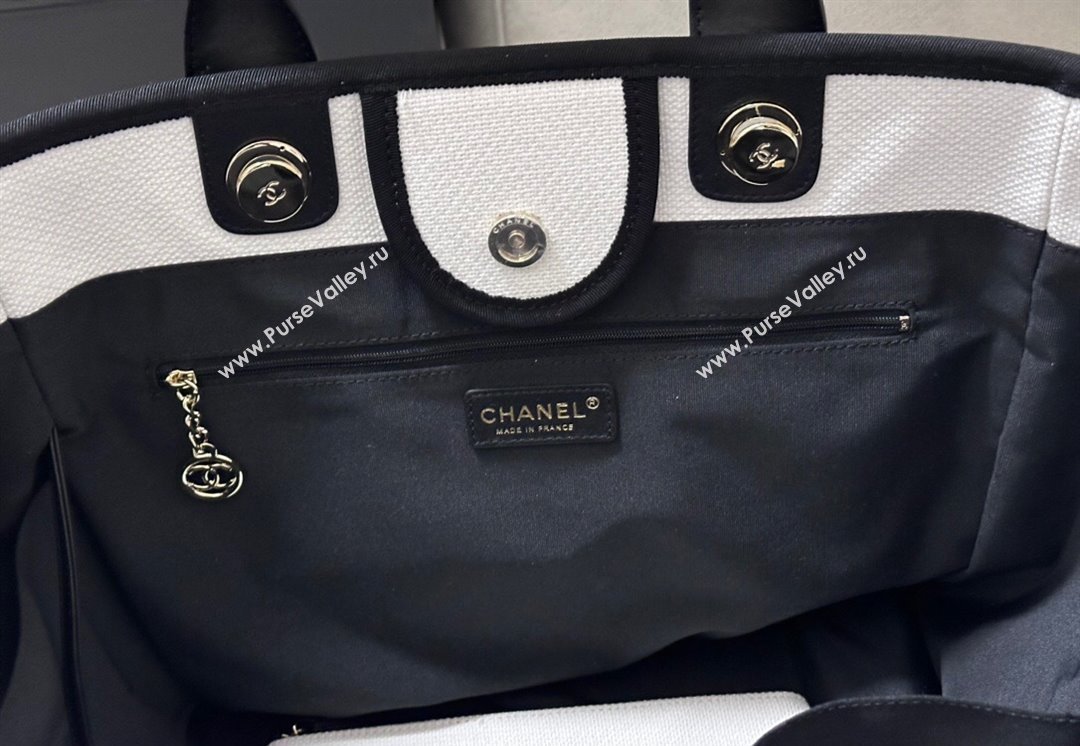 Chanel Deauville Cotton Calfskin Large Shopping Bag White/Black 2025 0113 (yezi-250113039)