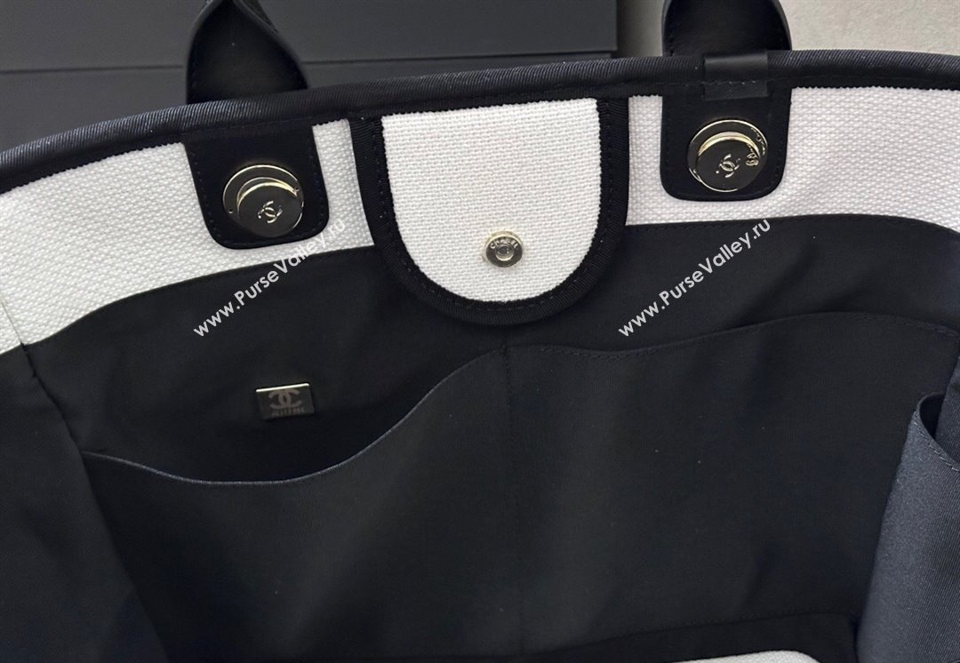 Chanel Deauville Cotton Calfskin Large Shopping Bag White/Black 2025 0113 (yezi-250113039)