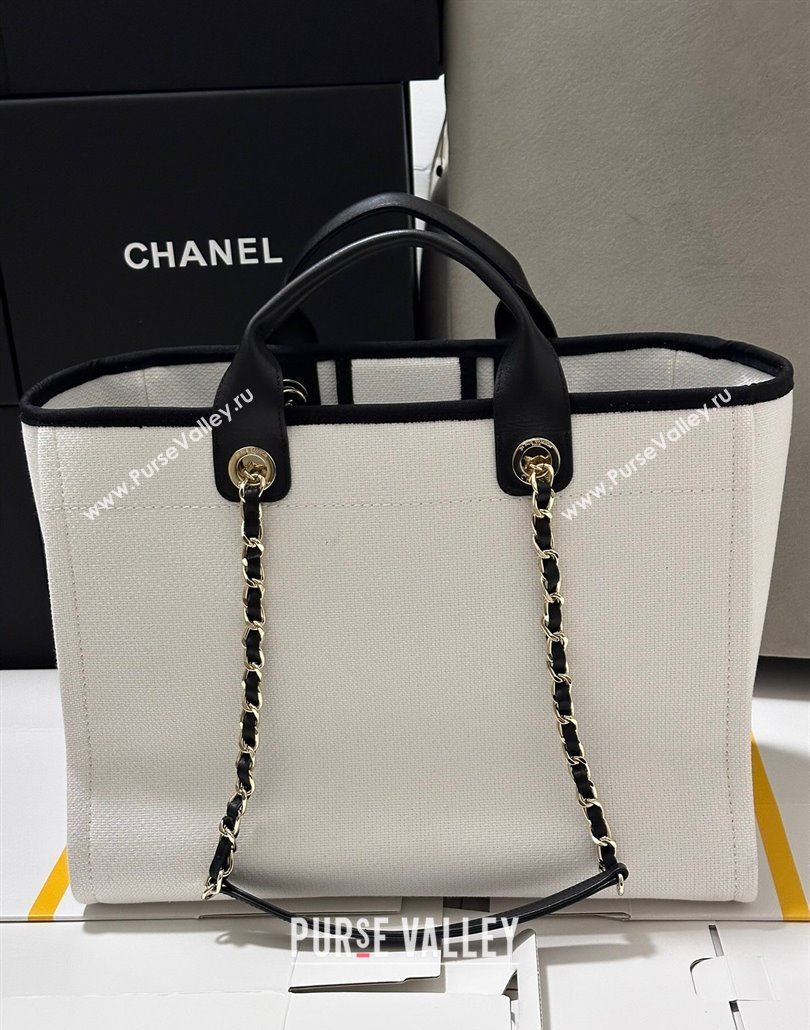 Chanel Deauville Cotton Calfskin Large Shopping Bag White/Black 2025 0113 (yezi-250113039)
