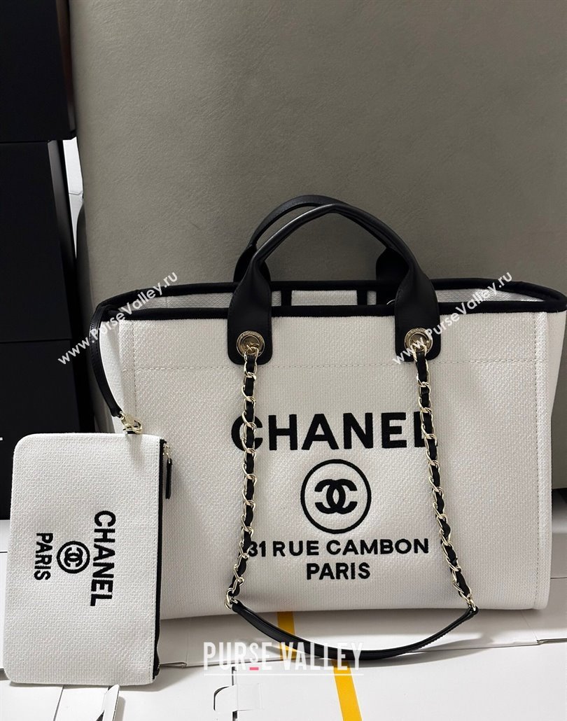 Chanel Deauville Cotton Calfskin Large Shopping Bag White/Black 2025 0113 (yezi-250113039)