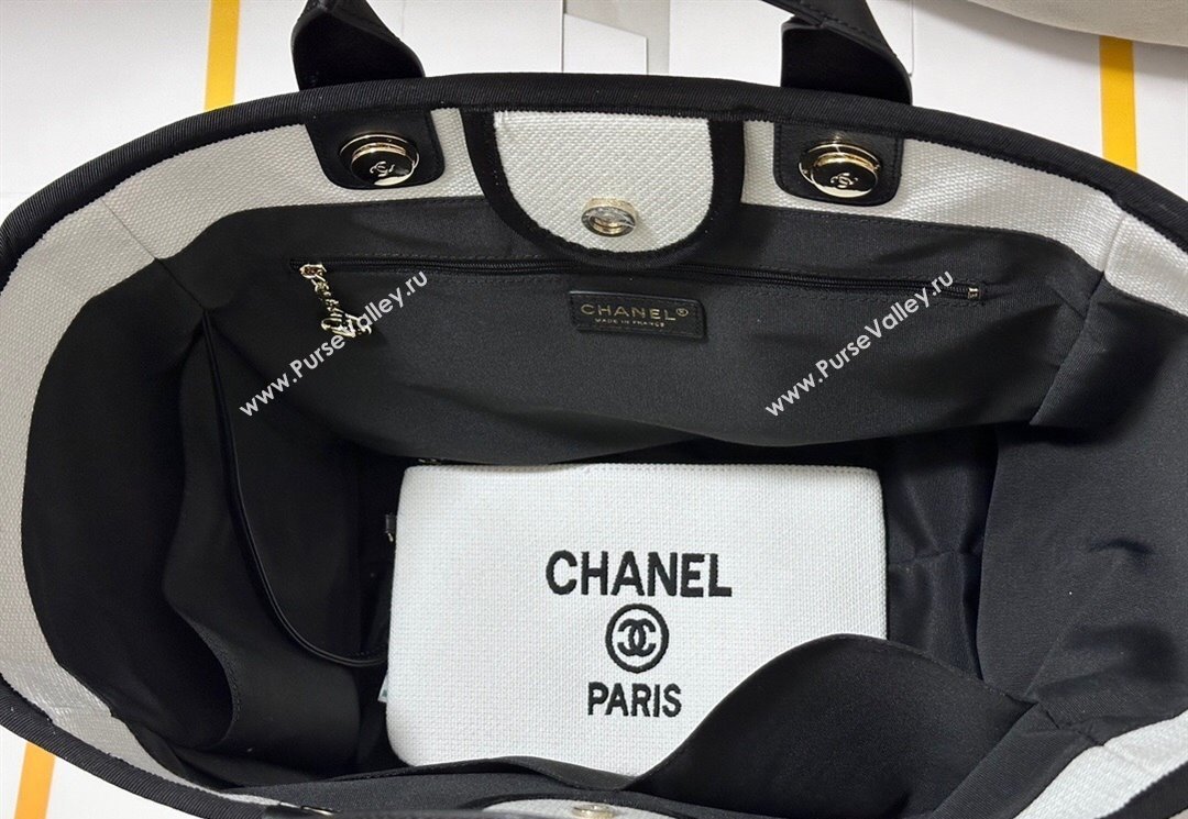 Chanel Deauville Cotton Calfskin Large Shopping Bag White/Black 2025 0113 (yezi-250113039)