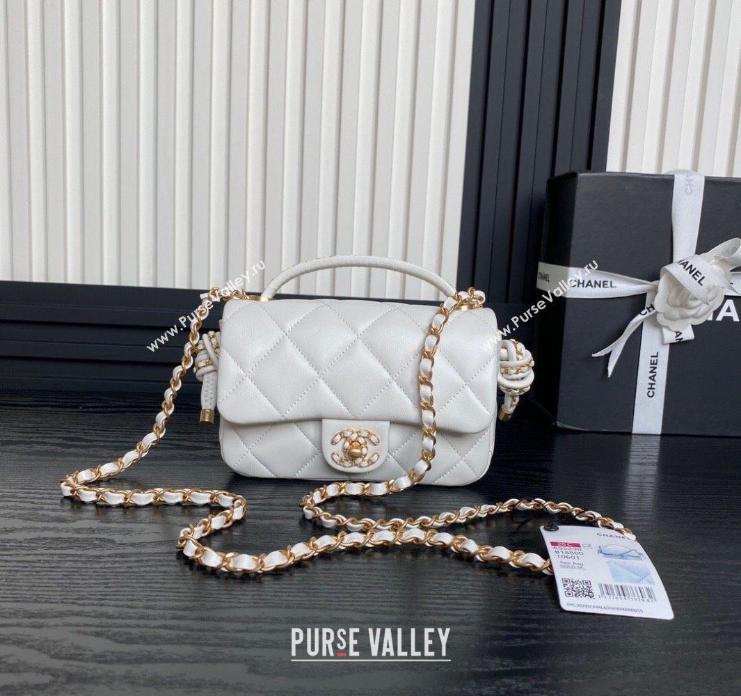 Chanel Quilted Lambskin Mini Flap Bag with Top Handle, Chain and Knot AS5298 White 2025 (yezi-250113053)