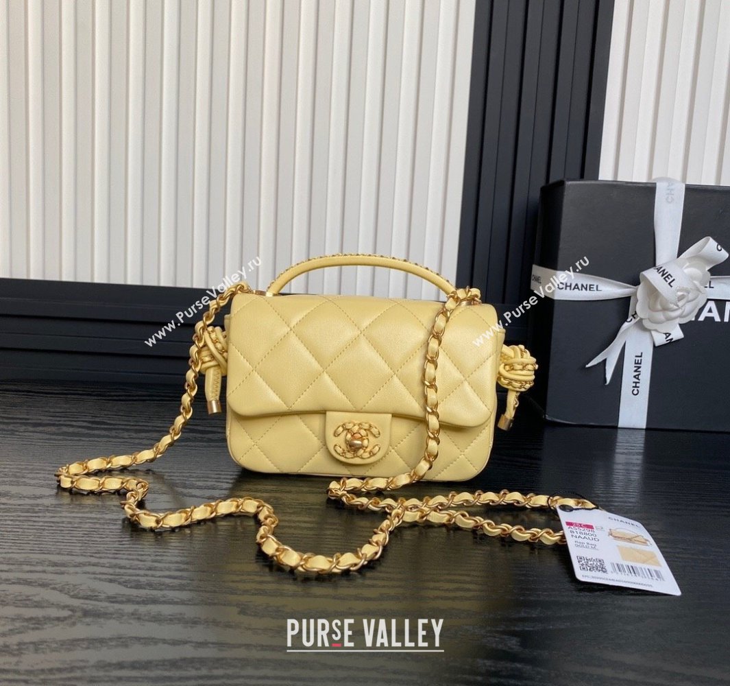 Chanel Quilted Lambskin Mini Flap Bag with Top Handle, Chain and Knot AS5298 Yellow 2025 (yezi-250113055)