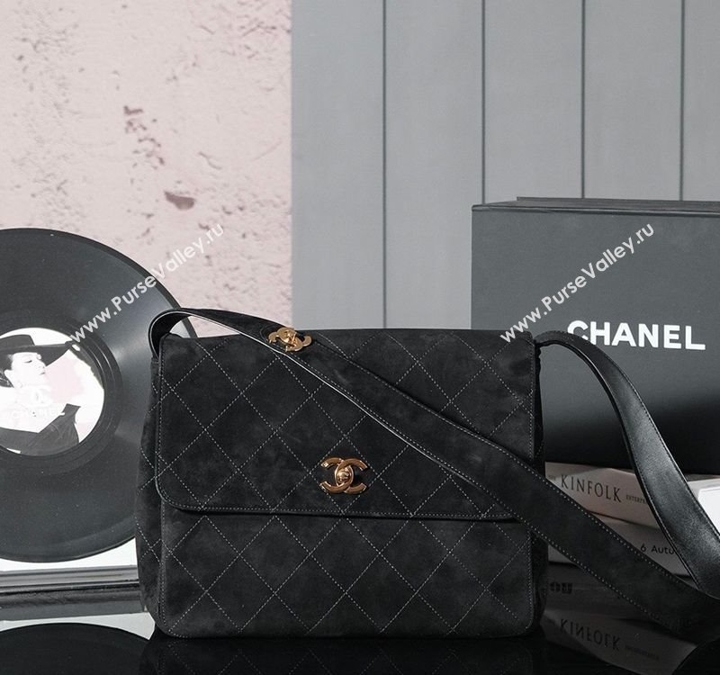 Chanel Vintage Suede Flap Bag with Wide Strap Black 2025 A99935 (yezi-250213045)