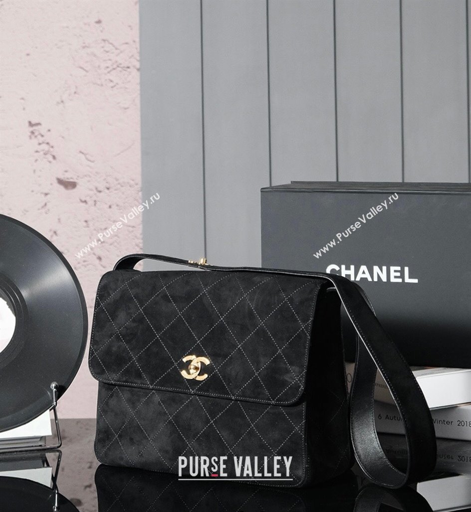 Chanel Vintage Suede Flap Bag with Wide Strap Black 2025 CH011303 (yezi-250113058)