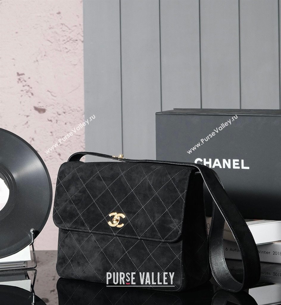 Chanel Vintage Suede Flap Bag with Wide Strap Black 2025 A99935 (yezi-250213045)