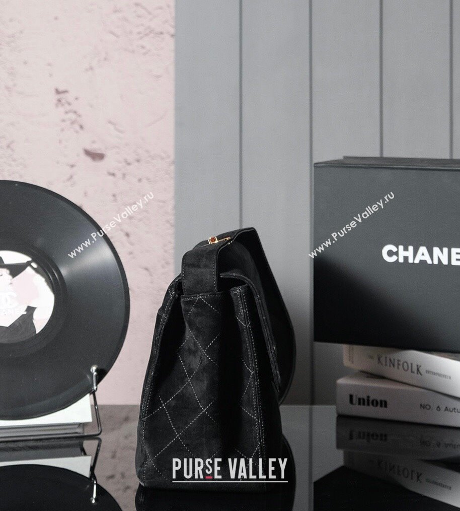 Chanel Vintage Suede Flap Bag with Wide Strap Black 2025 A99935 (yezi-250213045)