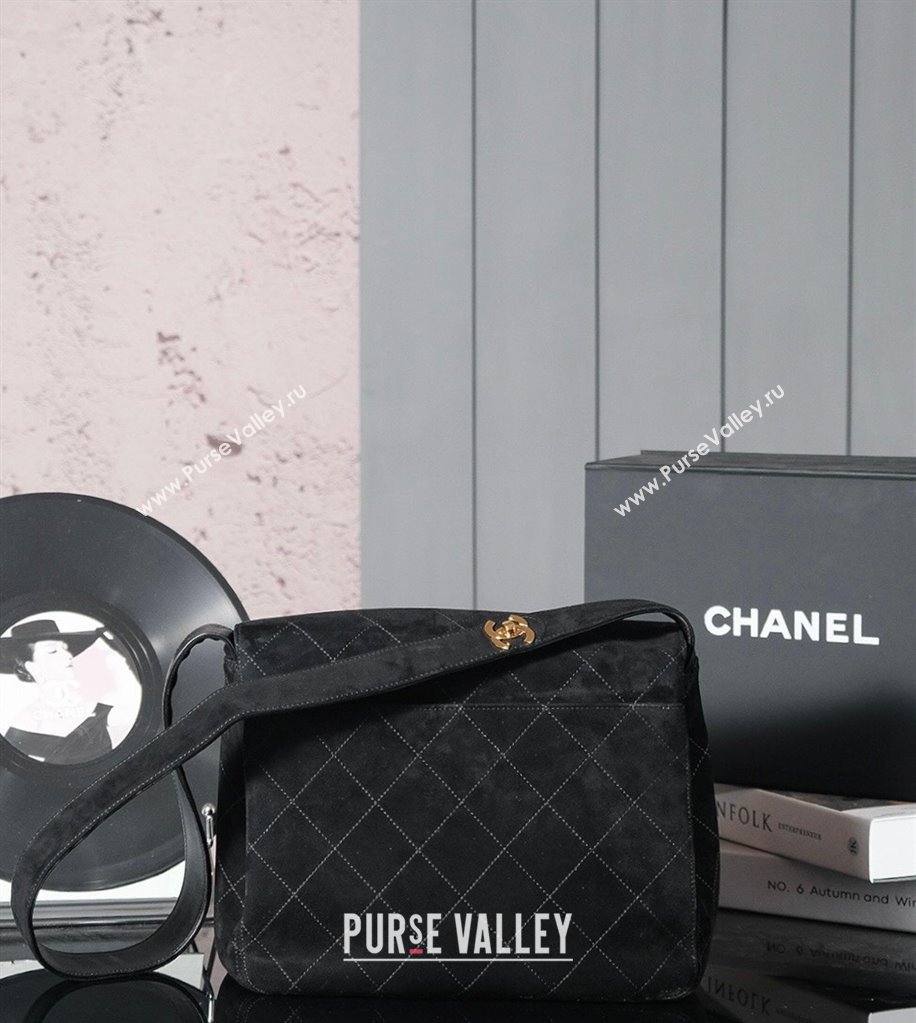 Chanel Vintage Suede Flap Bag with Wide Strap Black 2025 A99935 (yezi-250213045)