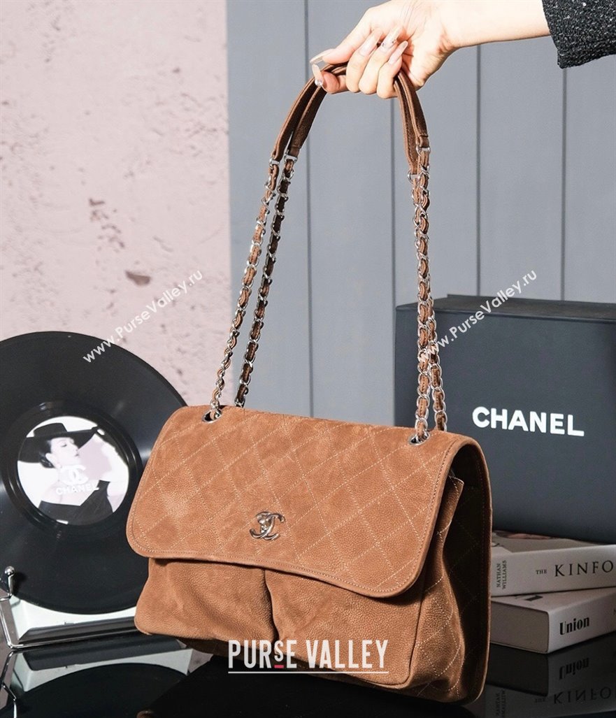 Chanel Vintage Litchi-Grained Calfskin Suede Flap Bag with Pouch Dark Brown 2025 AS6068 (yezi-250111048)