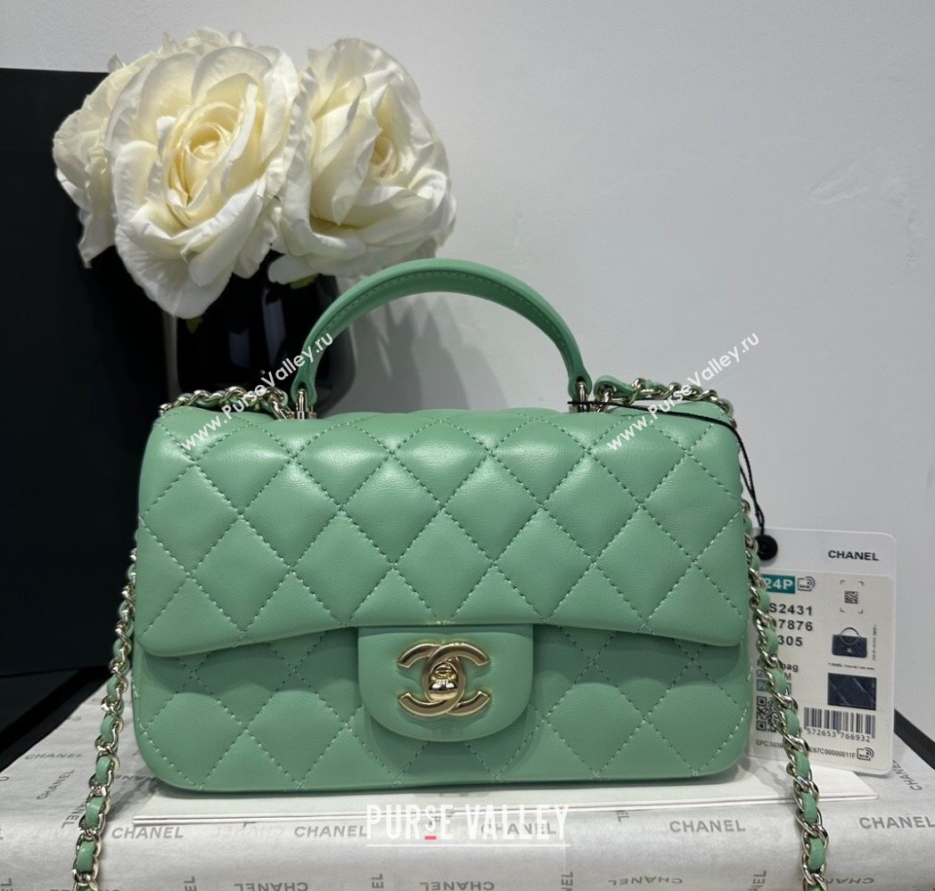 Chanel Coco Lambskin Mini Flap Bag with Top Handle AS2431 Light Green 2025 0212 (yezi-250213008)