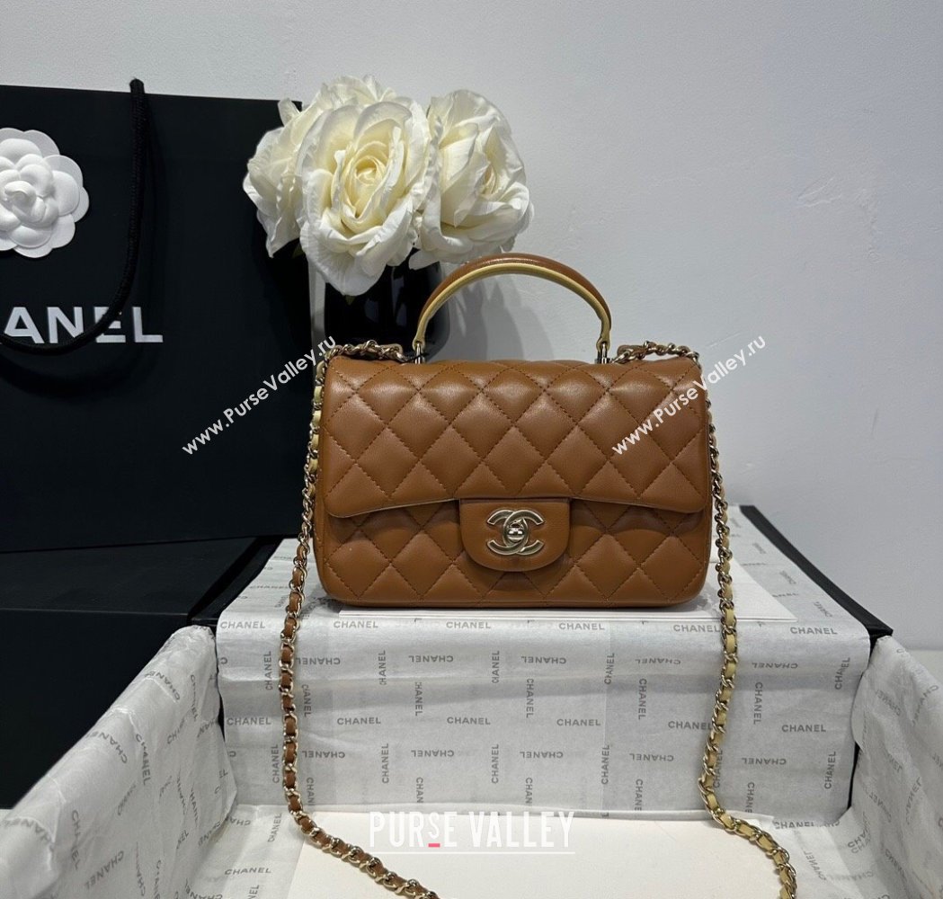 Chanel Coco Bicolor Lambskin Mini Flap Bag with Top Handle AS2431 Brown/Yellow 2025 (yezi-250213025)