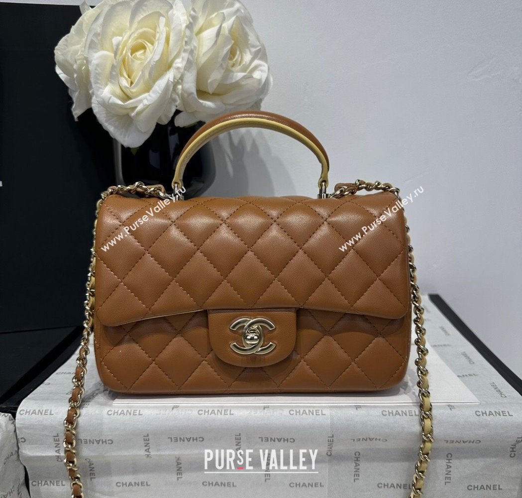 Chanel Coco Bicolor Lambskin Mini Flap Bag with Top Handle AS2431 Brown/Yellow 2025 (yezi-250213025)