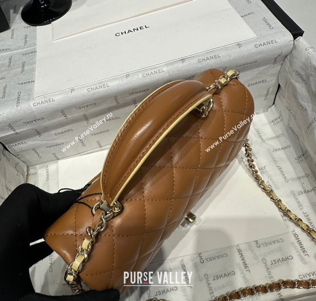 Chanel Coco Bicolor Lambskin Mini Flap Bag with Top Handle AS2431 Brown/Yellow 2025 (yezi-250213025)