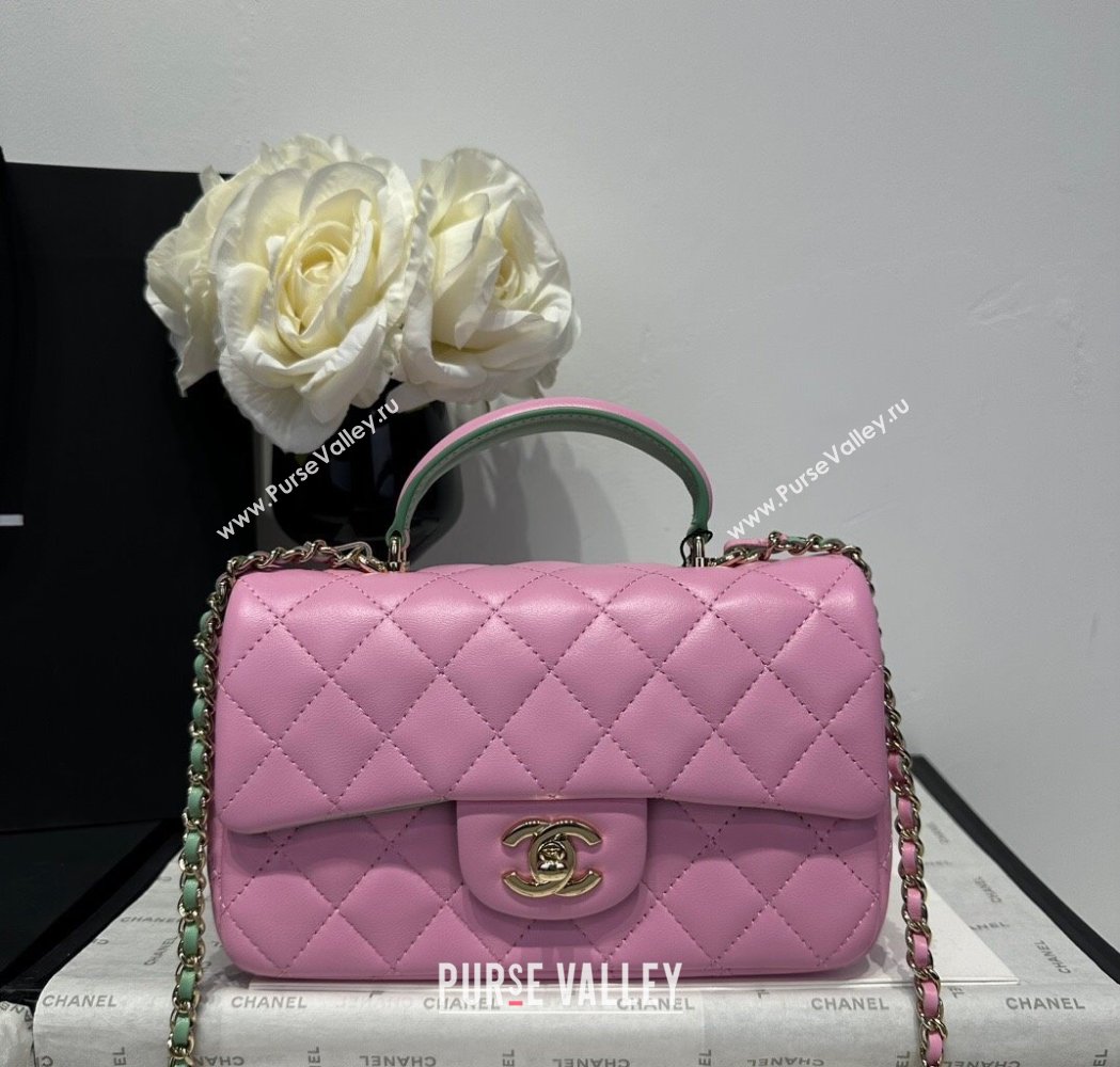 Chanel Coco Bicolor Lambskin Mini Flap Bag with Top Handle AS2431 Pink/Green 2025 (yezi-250213026)