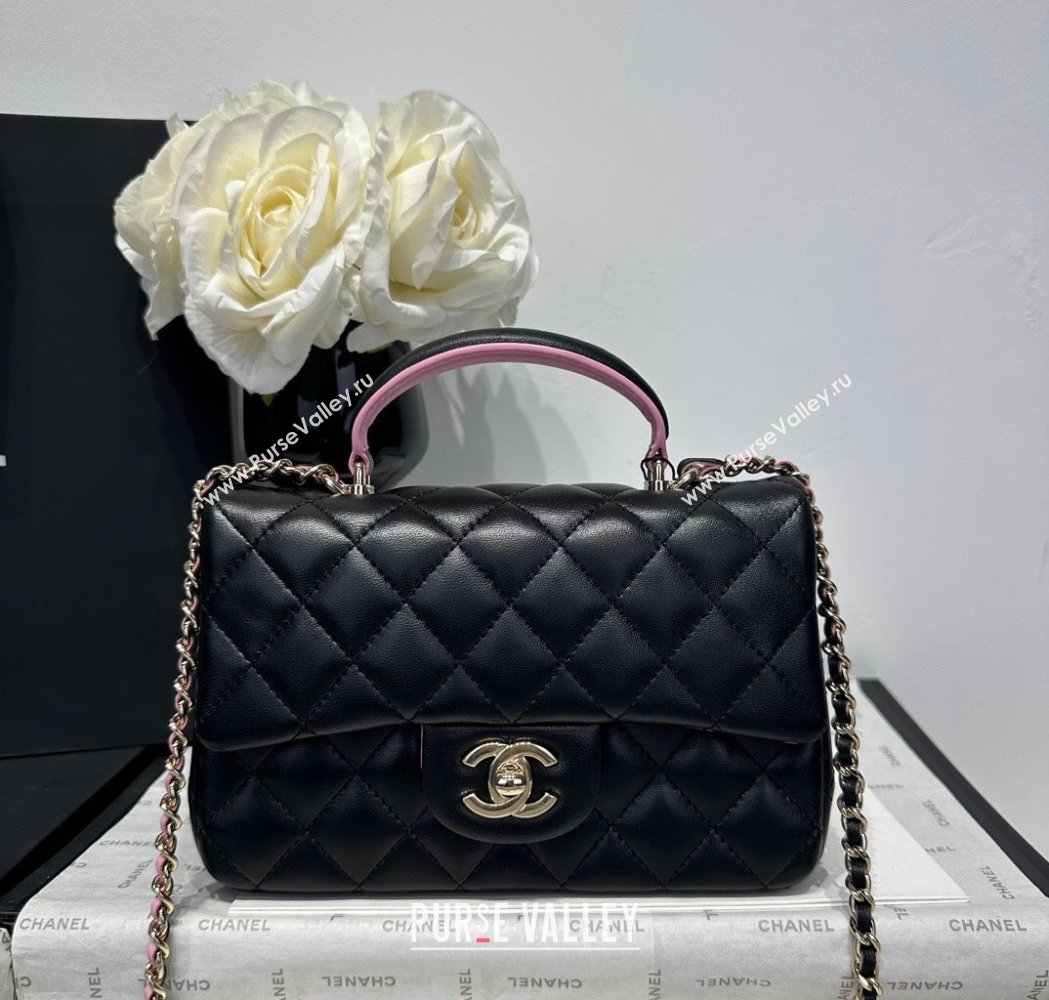 Chanel Coco Bicolor Lambskin Mini Flap Bag with Top Handle AS2431 Black/Pink 2025 (yezi-250213027)