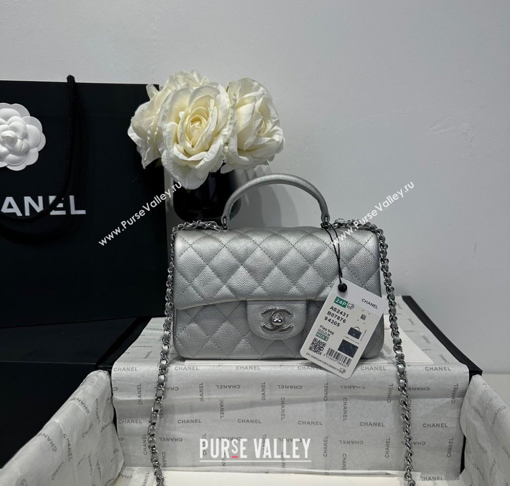 Chanel Coco Grained Calfskin Mini Flap Bag with Chain Top Handle AS2431 Silver 2025 0213 (yezi-250213030)