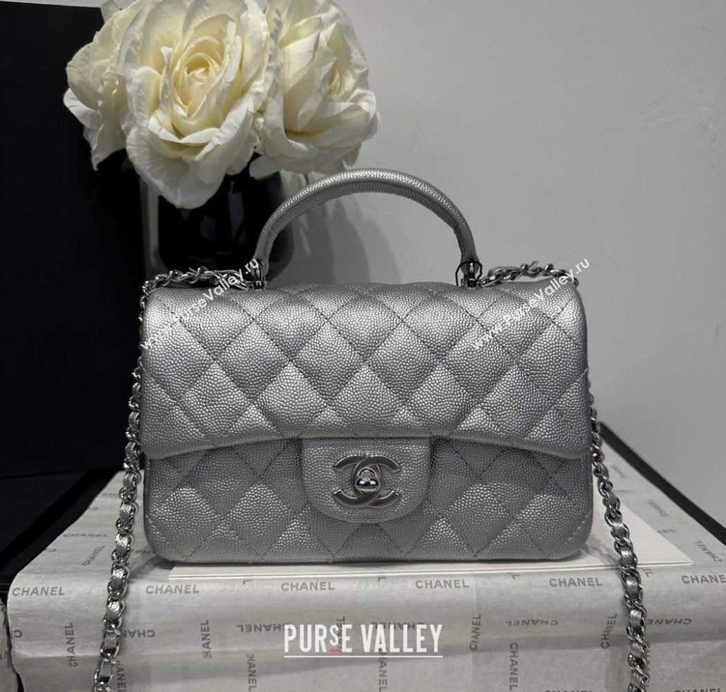 Chanel Coco Grained Calfskin Mini Flap Bag with Chain Top Handle AS2431 Silver 2025 0213 (yezi-250213030)