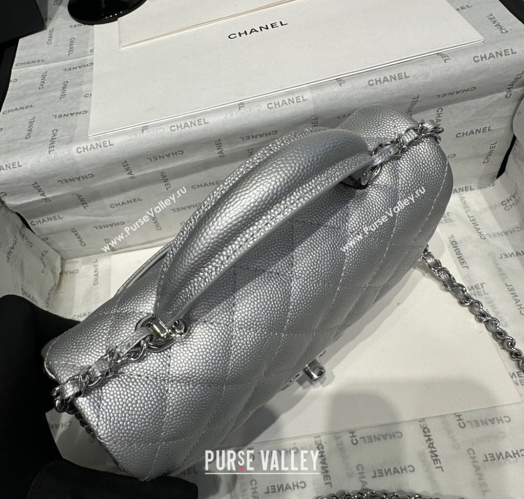 Chanel Coco Grained Calfskin Mini Flap Bag with Chain Top Handle AS2431 Silver 2025 0213 (yezi-250213030)