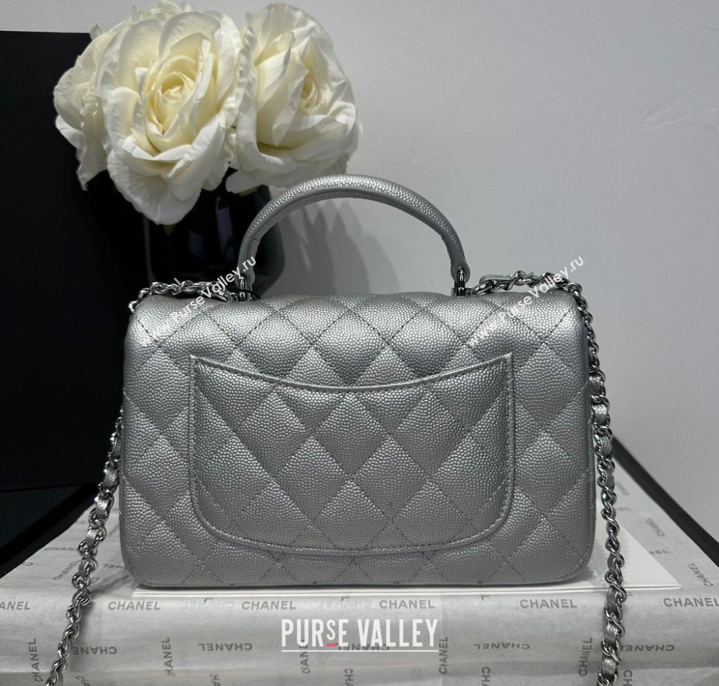 Chanel Coco Grained Calfskin Mini Flap Bag with Chain Top Handle AS2431 Silver 2025 0213 (yezi-250213030)
