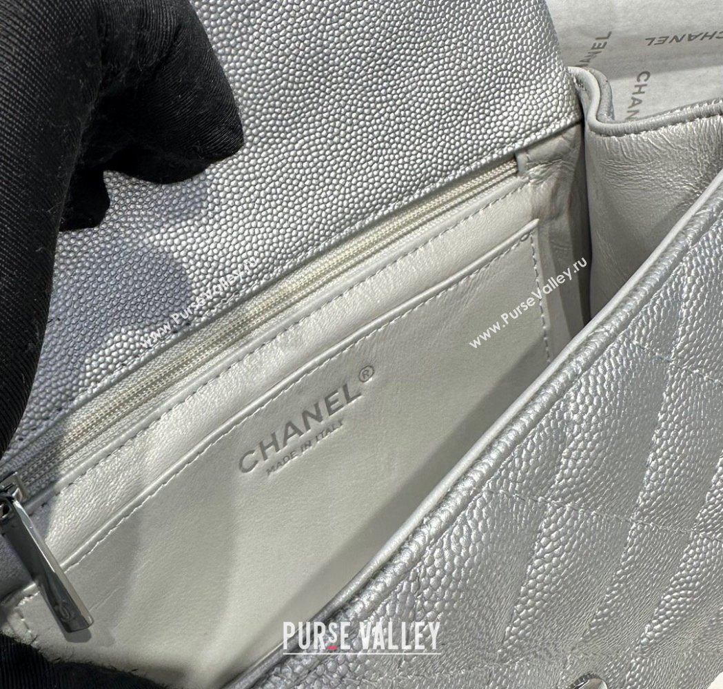 Chanel Coco Grained Calfskin Mini Flap Bag with Chain Top Handle AS2431 Silver 2025 0213 (yezi-250213030)